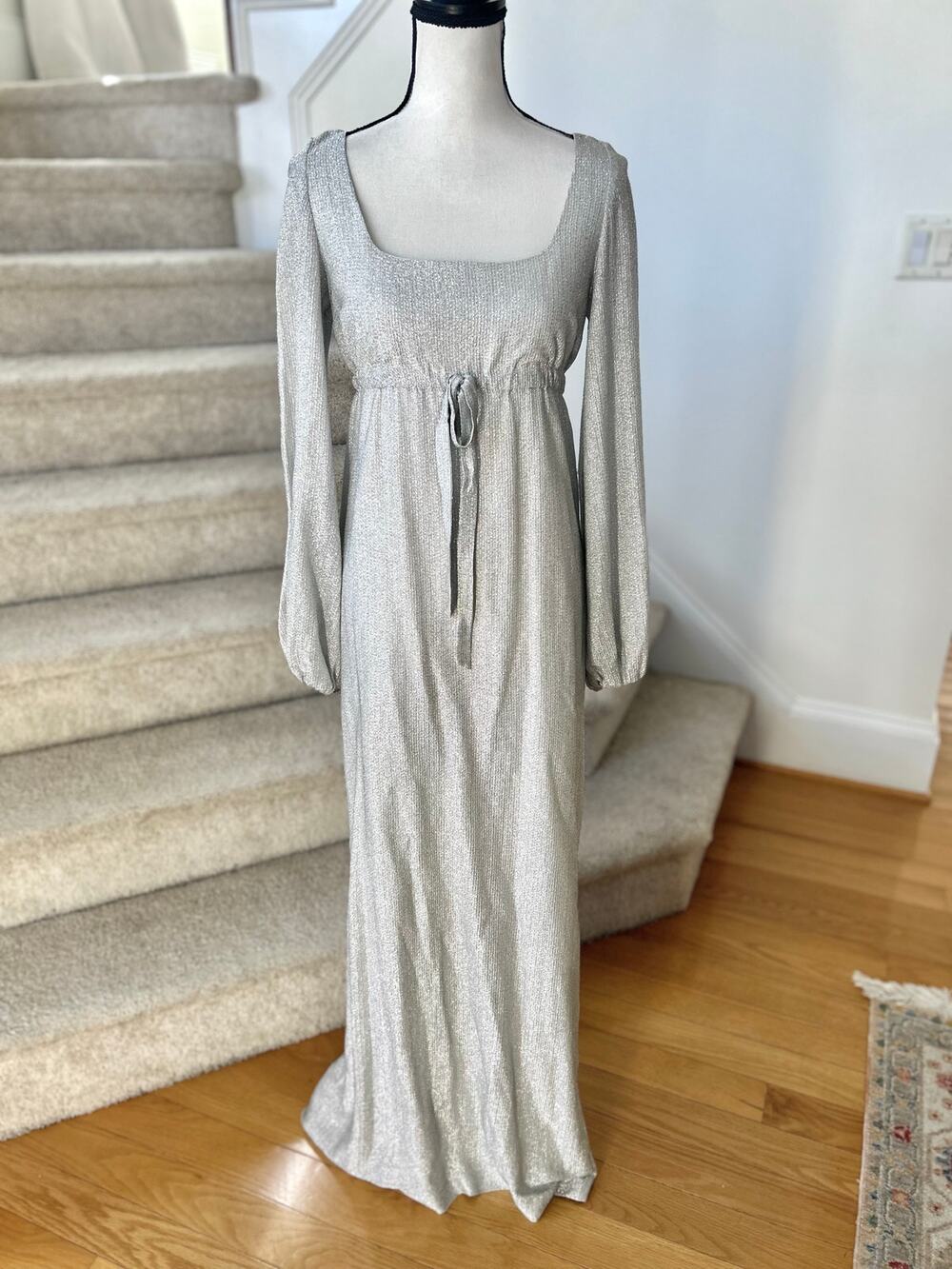 Vintage 1970s Metallic Silver Baby Doll Blouson Sleeve Maxi Hostess Dress